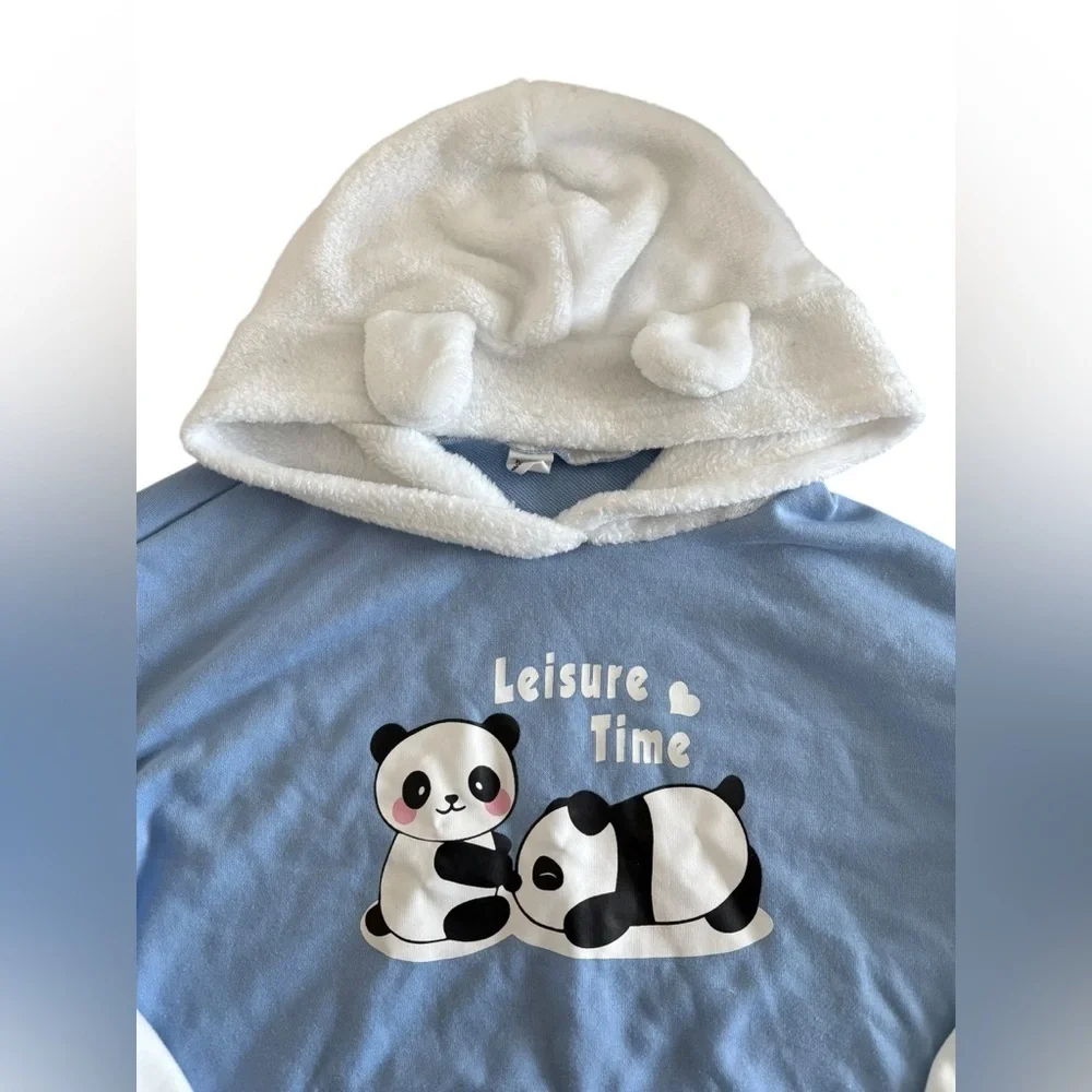 SHEIN Light Blue and White Panda Hoodie